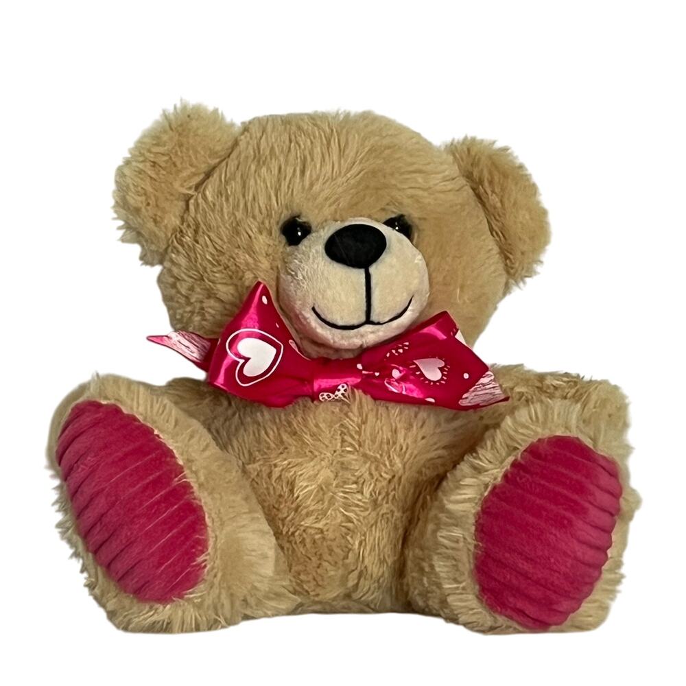 Brown Teddy Bear Plush Red White Heart Valentines Bow Small